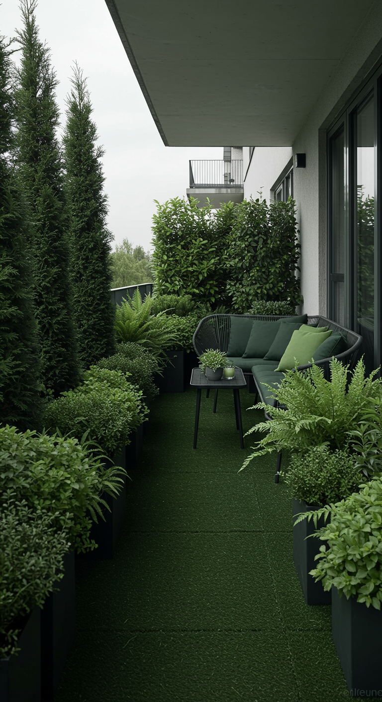 Balkon mit grünem Kunstrasen, dunkelgrünen Möbeln und vielen verschiedenen Grünpflanzen.