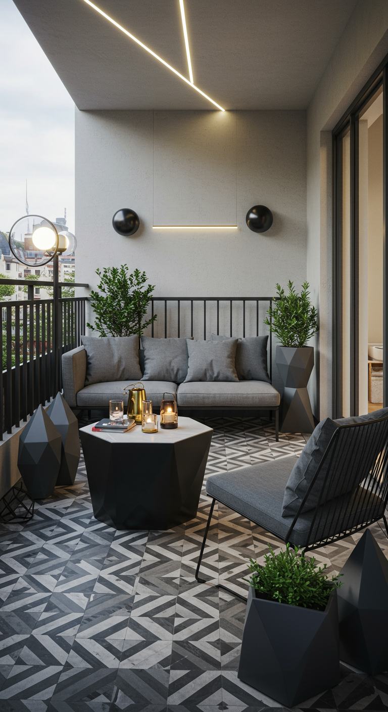 Moderner Balkon mit gemusterten Fliesen, grauen Möbeln und geometrischen Pflanzkübeln.