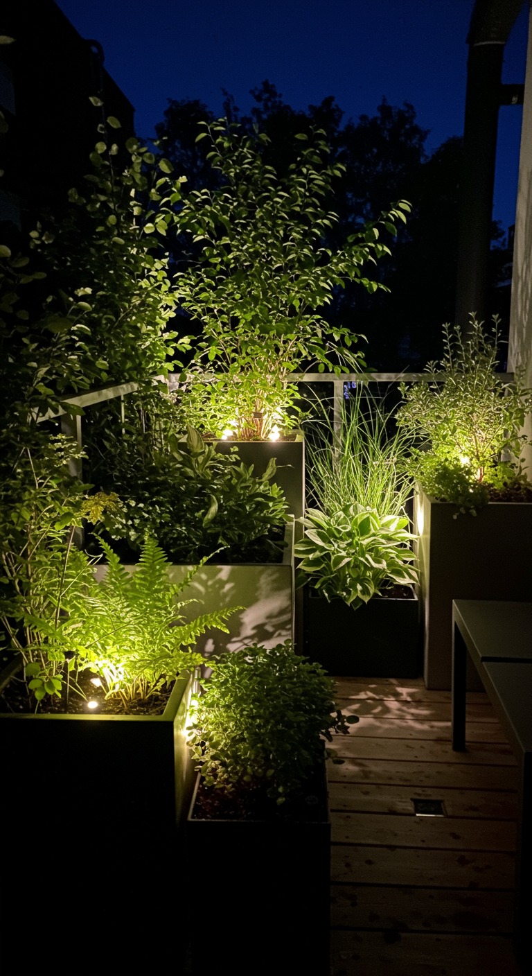 Modern bepflanzte Balkonkübel, die nachts von unten mit LED-Spots angestrahlt werden.