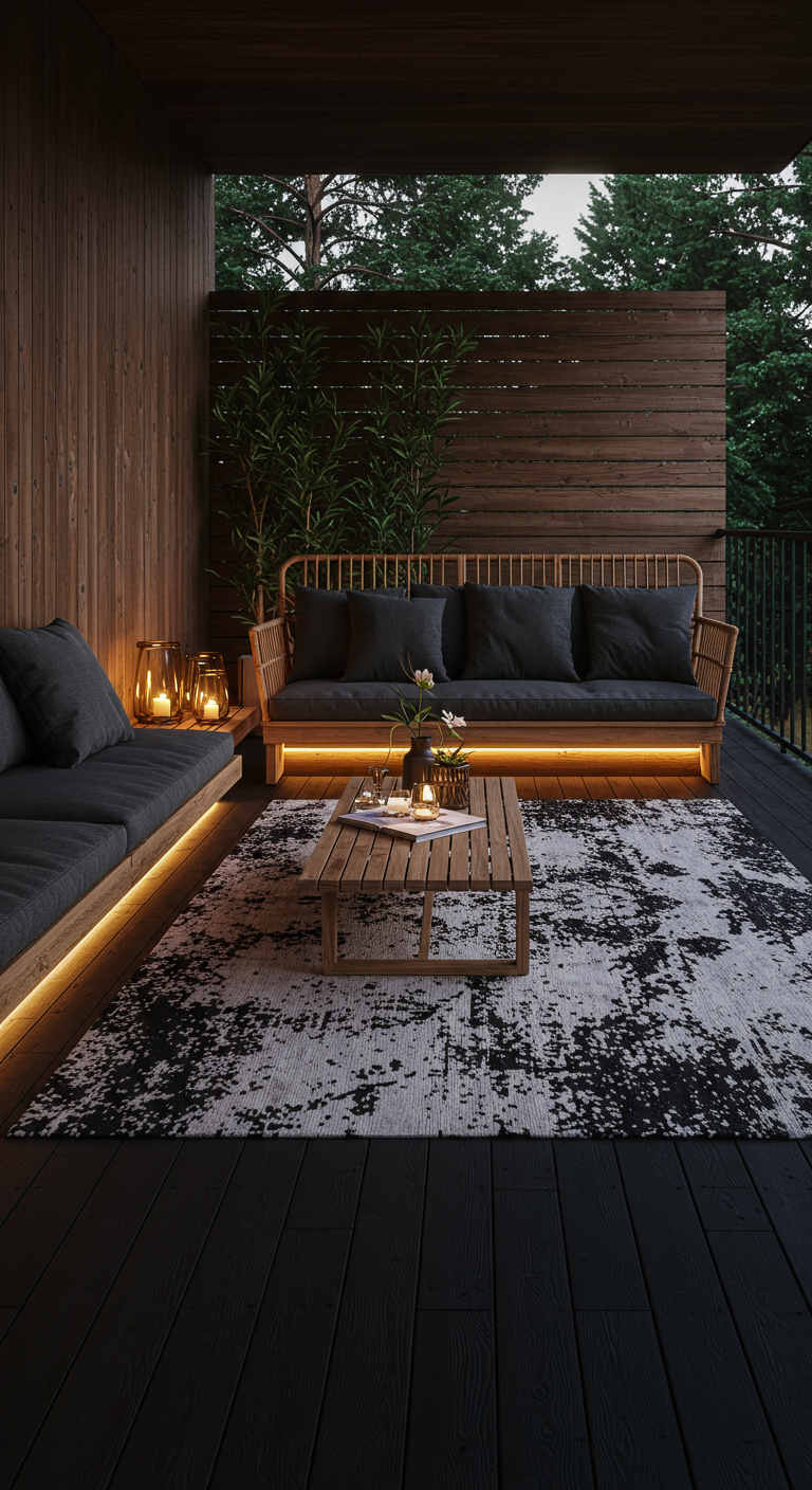 Moderner Balkon mit Holzmöbeln und indirekter LED-Beleuchtung unter den Sitzen.