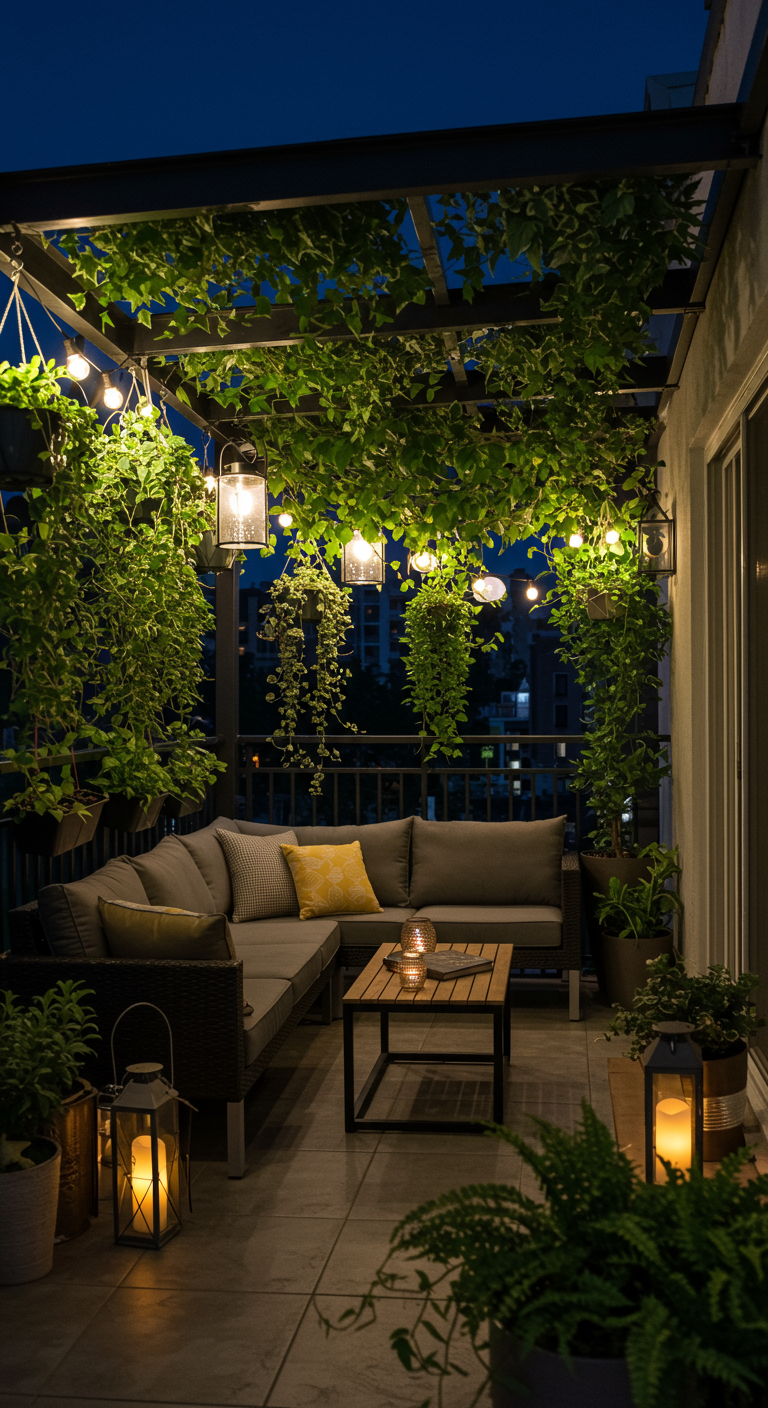 Balkon mit begrünter Pergola, Lichterketten und Laternen bei Nacht.