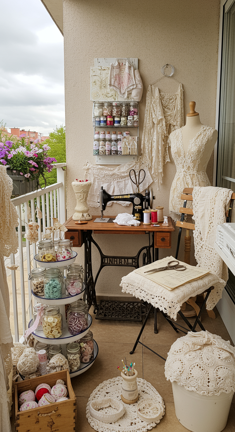 Vintage-Balkon mit alter Nähmaschine, Spitzenstoffen und Schneiderpuppe
