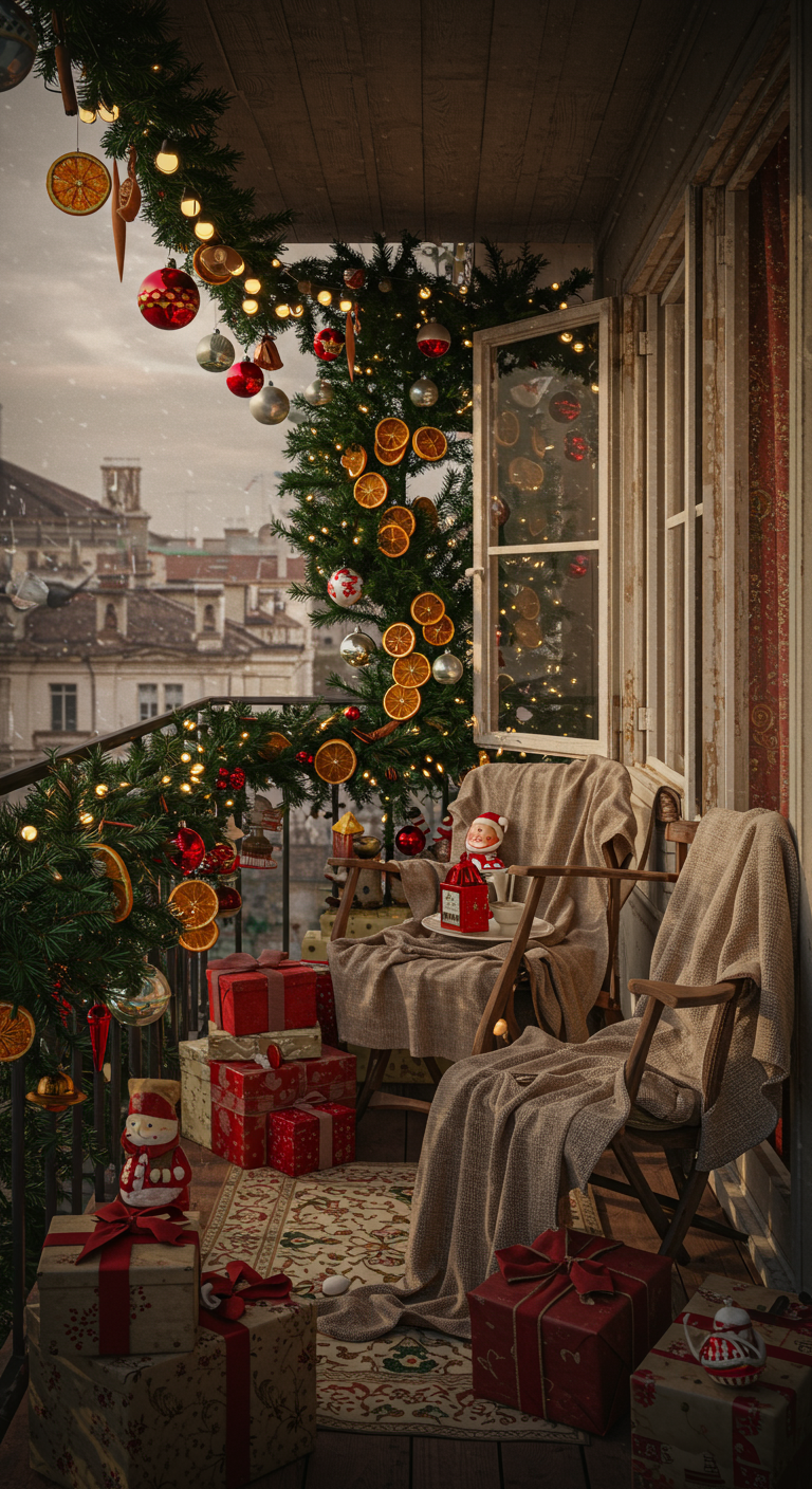 Balkon mit Weihnachtsbäumen, dekoriert mit Orangenscheiben, Kugeln und Geschenken.
