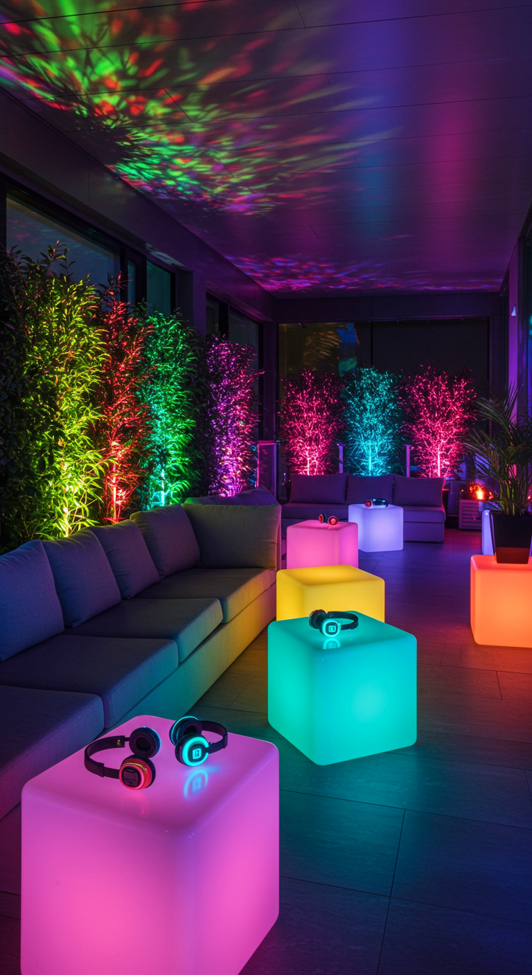 Moderner Balkon als Silent Disco mit bunten LED-Leuchtwürfeln, Kopfhörern und farbiger Beleuchtung.