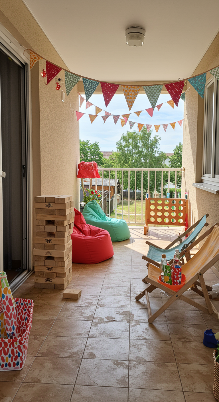 Balkon als Spiele-Oase mit Riesen-Jenga, Vier-Gewinnt, Sitzsäcken und Liegestühlen.
