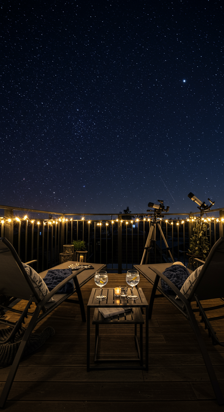 Balkon mit Liegestühlen, Lichterkette und Teleskop unter sternenklarem Himmel.