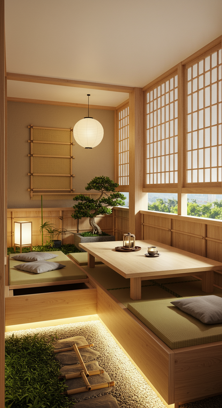 Balkon im japanischen Stil mit erhöhtem Boden, versenktem Tisch und Stauraum unter den Sitzflächen.