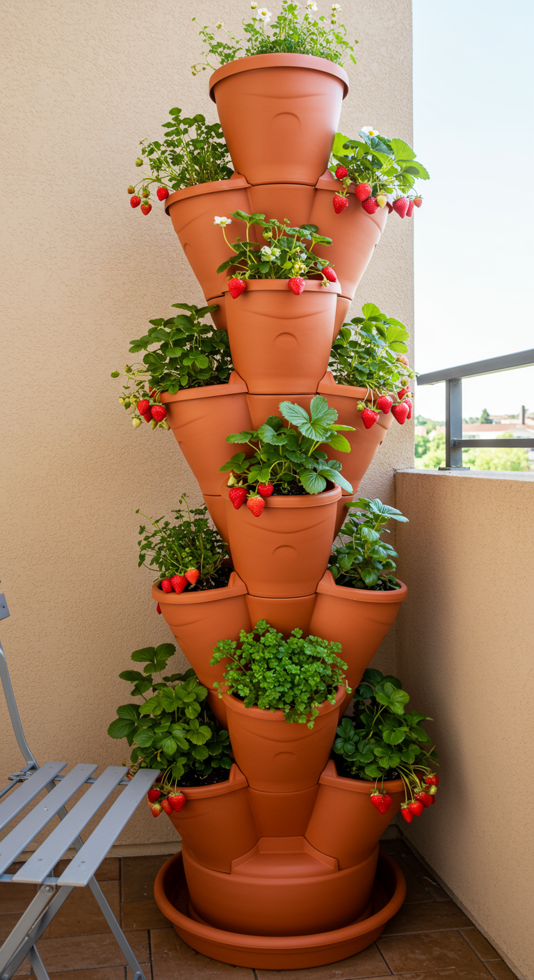 Gestapelter Terrakotta-Pflanzturm mit Erdbeeren und Kräutern auf einem Balkon.