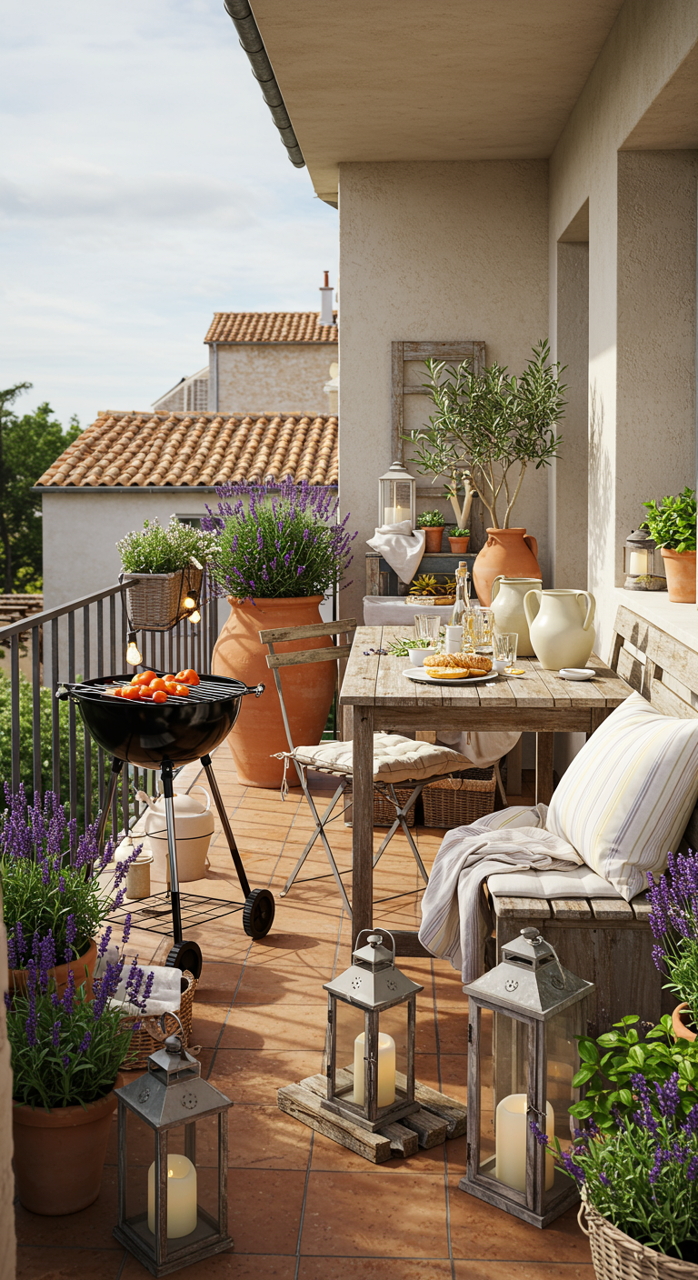 Mediterraner Balkon mit Kugelgrill, Holztisch, Lavendel und Terrakottatöpfen.