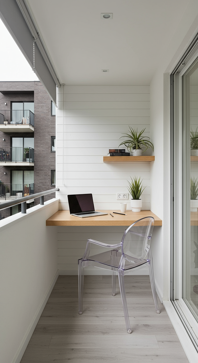 Minimalistischer Balkon-Arbeitsplatz mit wandmontiertem Holztisch und transparentem Stuhl.