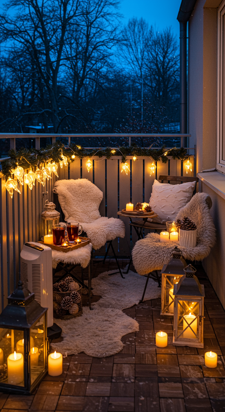 Winterlicher Balkon mit Kunstfellen, Sternenlichterkette, Kerzen und heißen Getränken.