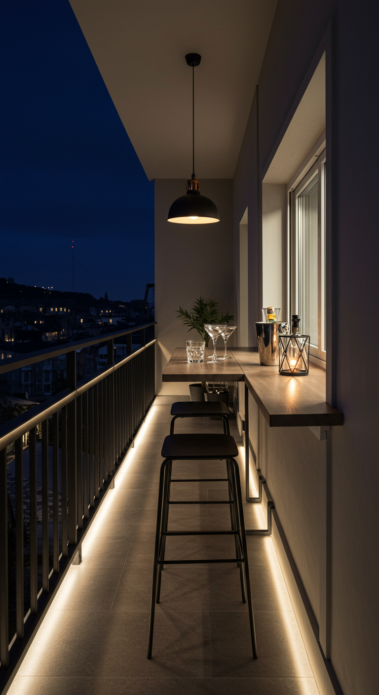 Schmaler Balkon mit Bartresen, Barhockern und stimmungsvoller Beleuchtung bei Nacht.