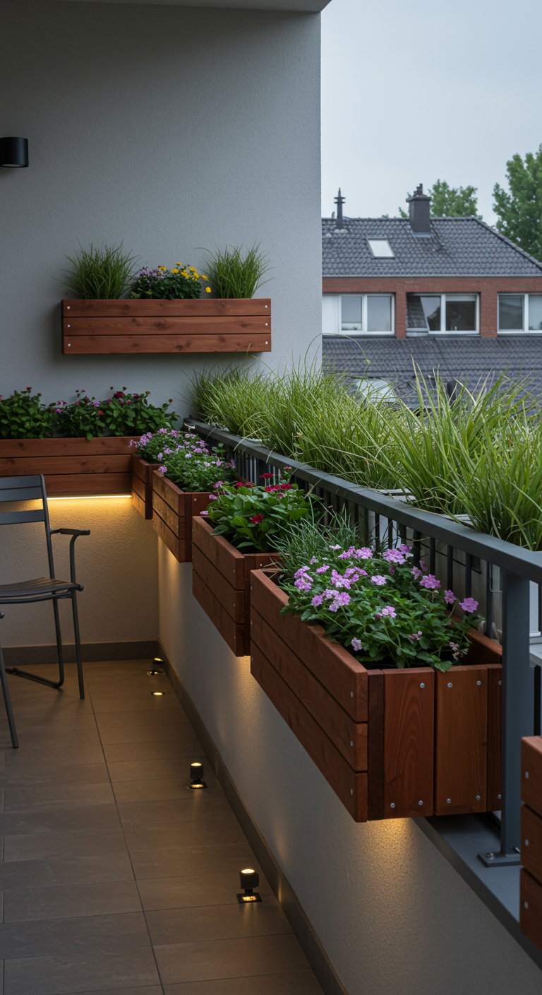 Hölzerne Blumenkästen am Balkongeländer mit indirekter LED-Beleuchtung und bunten Blumen.