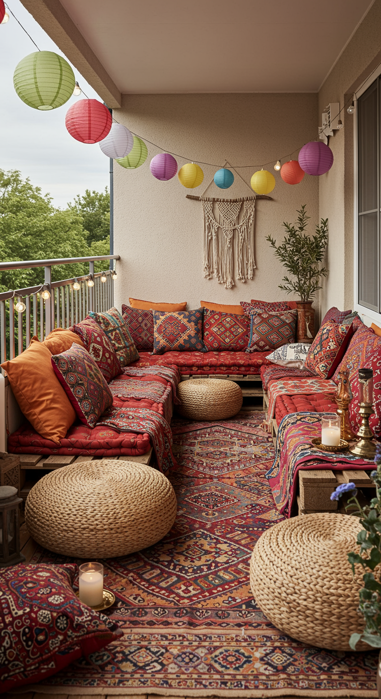 Bunter Boho-Balkon mit Palettenmöbeln, Kelim-Polstern und Lampions.