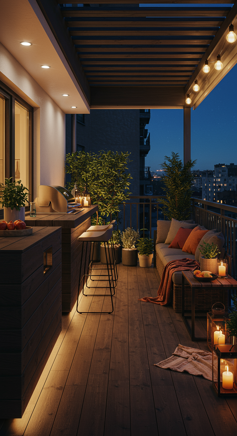 Stimmungsvoll beleuchteter Holzbalkon mit Grill, Bar und gemütlicher Sitzecke bei Nacht.