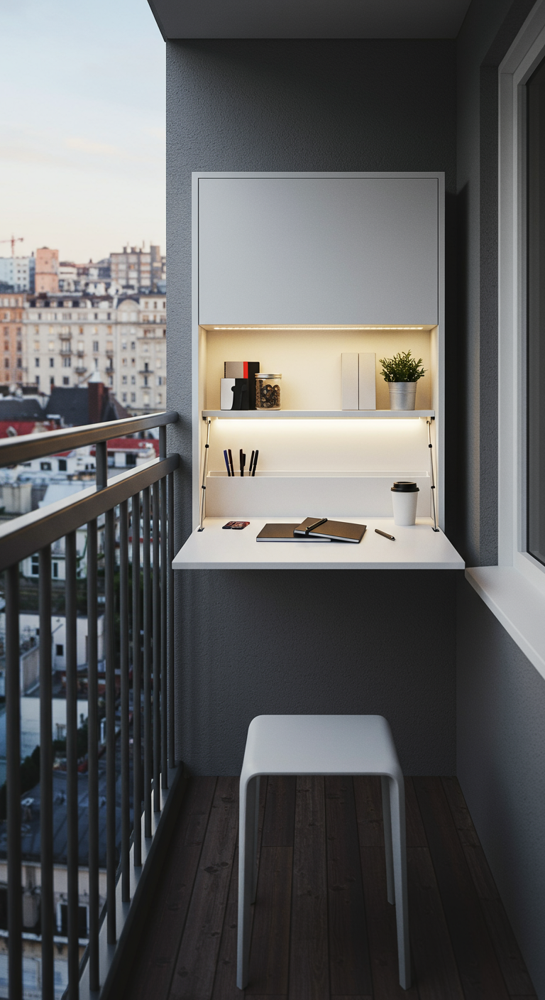 Moderner Wandsekretär mit ausklappbarer Schreibtischfläche und Stauraum auf einem Balkon.