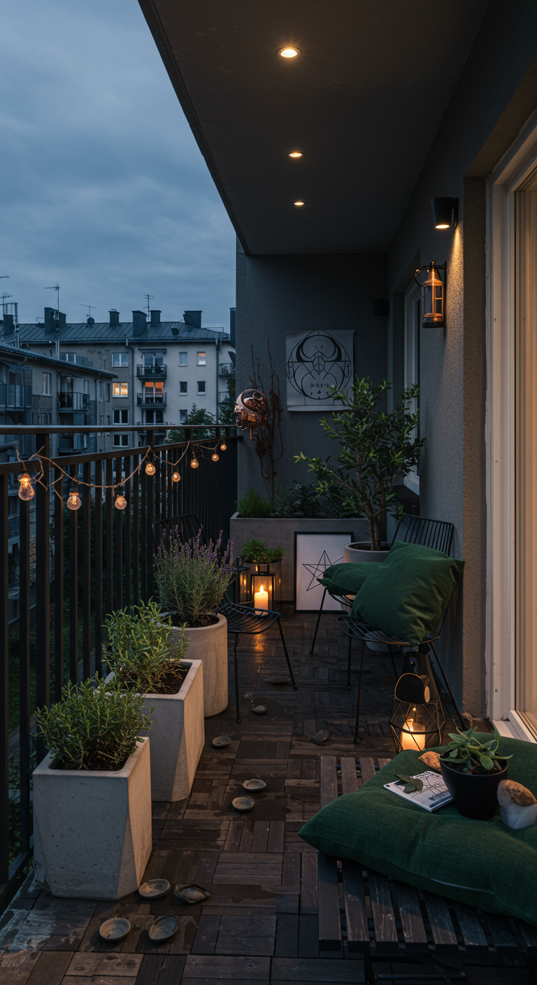 Modern-minimalistischer Balkon mit dunklen Kissen, Laternen und dezenter Halloween-Deko.