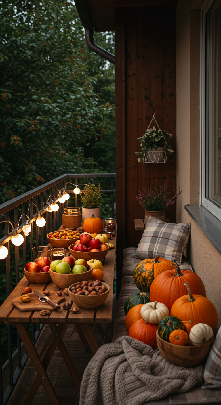 Holztisch auf Balkon beladen mit Schalen voller Äpfel, Nüsse und Kürbisse, daneben Sitzbank.