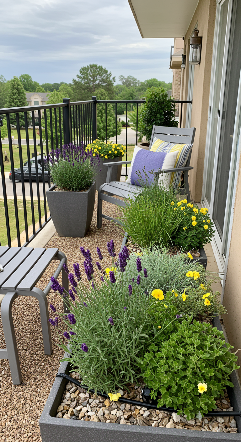 Balkon mit Kiesboden, grauen Pflanzkübeln mit Lavendel und gelben Blumen.