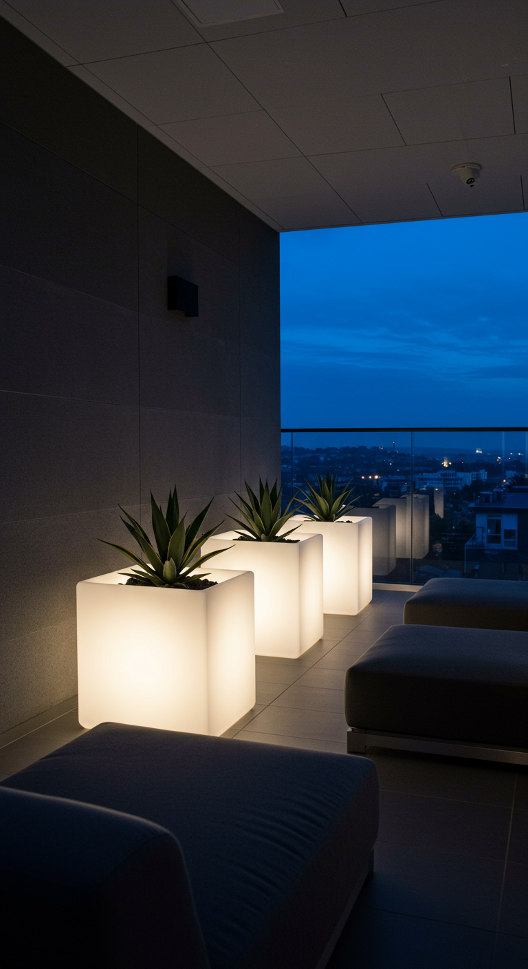 Moderner Balkon bei Nacht mit drei leuchtenden Pflanzkübeln und Agaven darin.