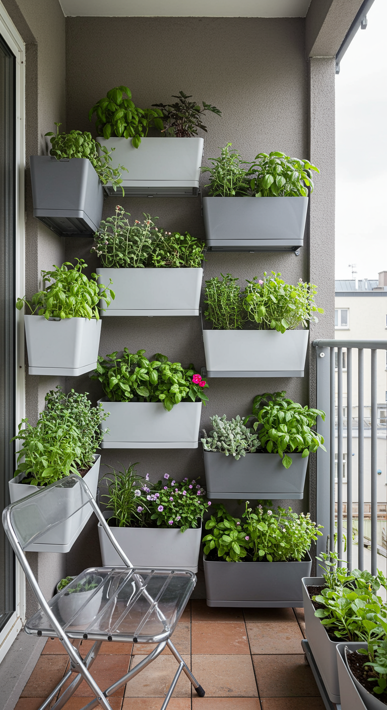 Graue Wand mit vielen modernen, einhängbaren Pflanzkästen, bepflanzt mit Kräutern und Blumen.