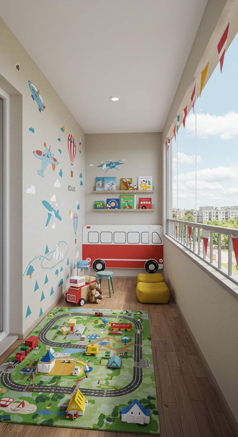 Schmaler Balkon mit Weltreise-Wandtattoos, Spielteppich und Bus-Regal.