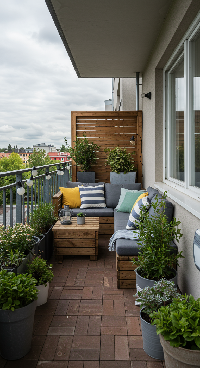 Balkon mit rustikalen Holzmöbeln, Holzsichtschutz, bunten Kissen und vielen Pflanzen.