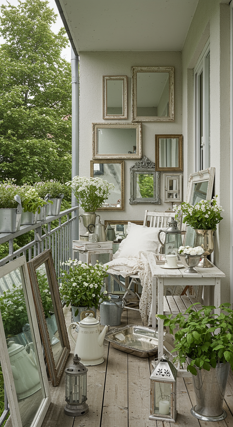 Heller Balkon mit vielen Vintage-Spiegeln an der Wand und weißen Möbeln