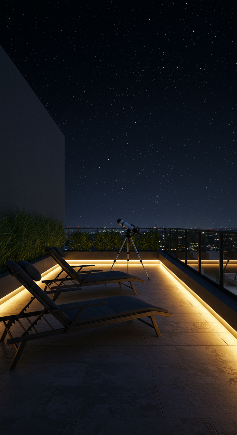 Dachterrasse bei Nacht mit zwei Liegestühlen, Teleskop und indirekter Beleuchtung unter sternenklarem Himmel.