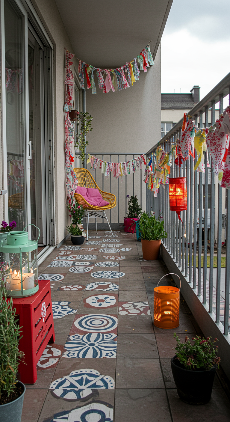 Balkon mit DIY-Stoffgirlanden, bemalten Bodenfliesen und bunten Laternen.
