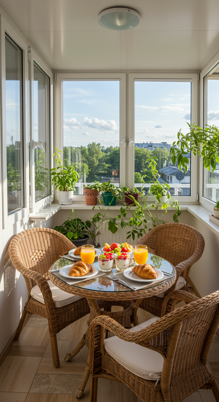 Frühstück mit Croissants in einem hellen, verglasten Balkon mit Korbmöbeln und vielen Pflanzen.