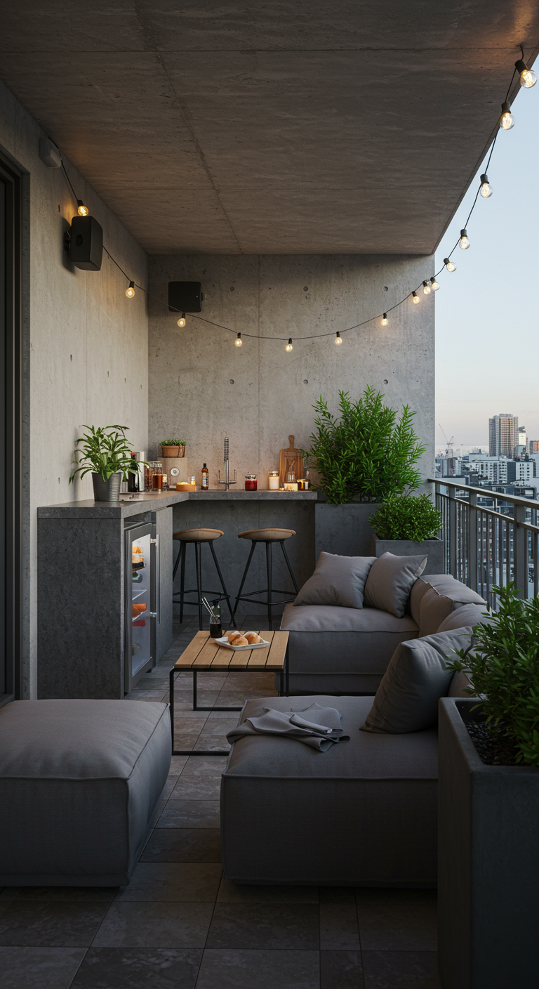 Moderner Balkon mit Betonwänden, kleiner Bar, modularem Sofa und Lichterketten.