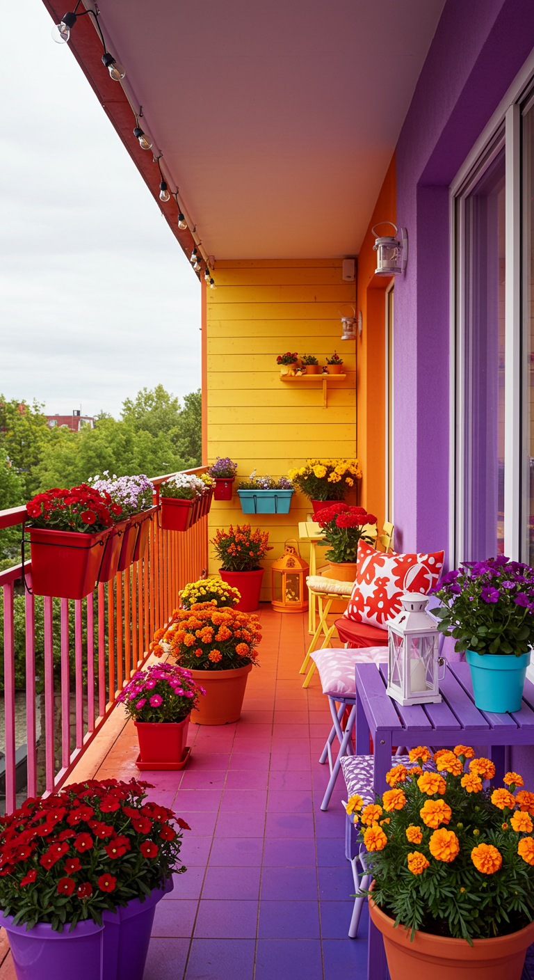 Balkon mit Wänden und Boden in kräftigen, blockartigen Regenbogenfarben gestrichen, dazu passende bunte Blumen.