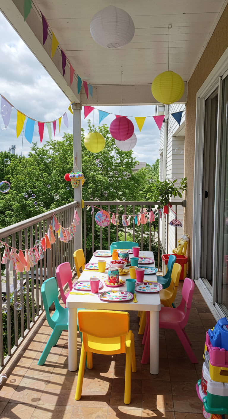 Balkon dekoriert für eine Kinderparty mit buntem Tisch, Wimpeln und Lampions.