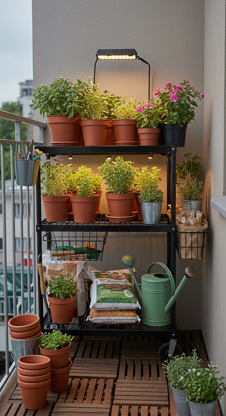 Schwarzes Metallregal auf einem Balkon, beladen mit Pflanztöpfen, Gartengeräten und Erdsäcken.