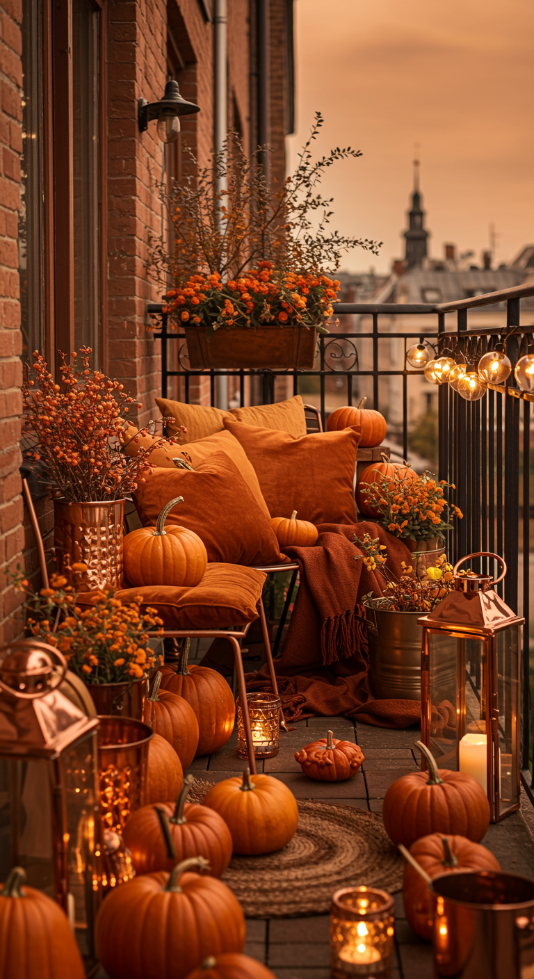 Balkon mit vielen Kissen in Herbstfarben, Kürbissen und kupferfarbenen Laternen.