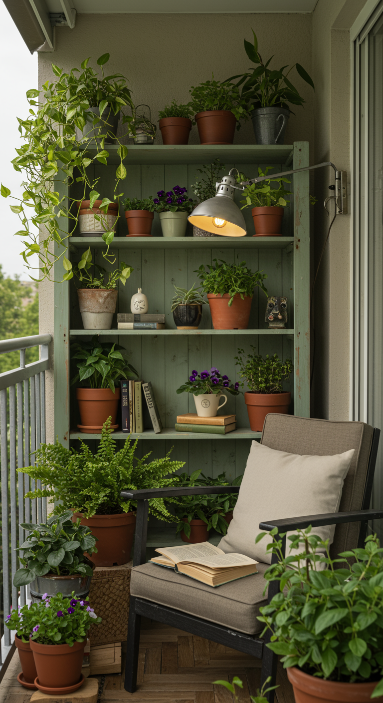 Mintgrünes Vintage-Regal mit Pflanzen, Büchern und Lampe neben einem Sessel auf dem Balkon.