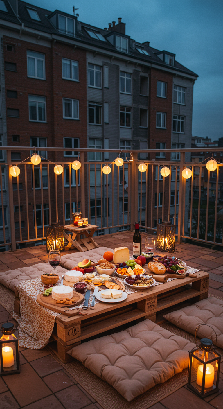Balkon mit niedrigem Palettentisch, Käseplatte, Bodenkissen und Lichtern bei Nacht.