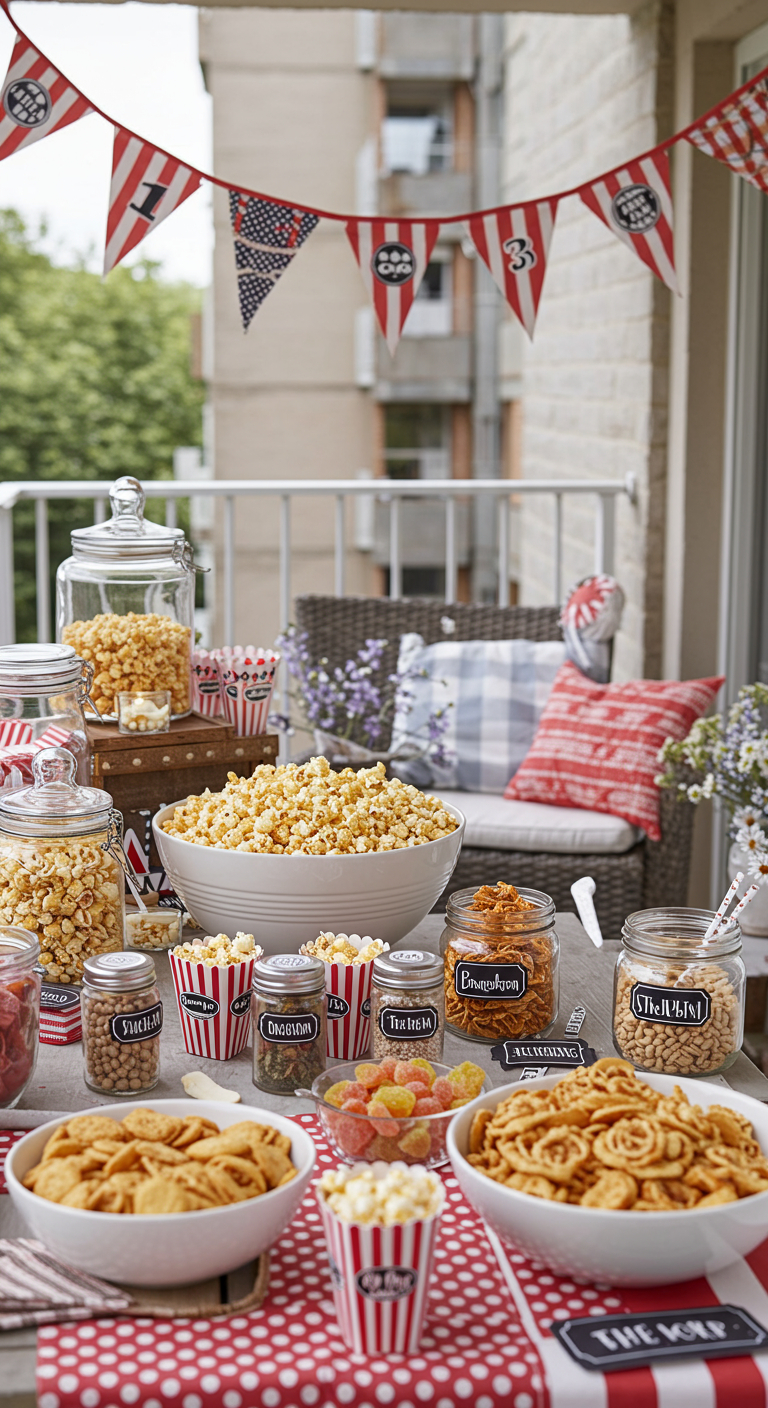 Popcorn-Bar auf einem Balkontisch mit verschiedenen Snacks in Gläsern und rot-weißer Deko.