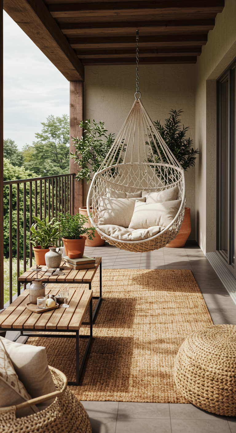 Makramee-Hängesessel mit Kissen auf Balkon mit Holztischen, Teppich und Pflanzen.