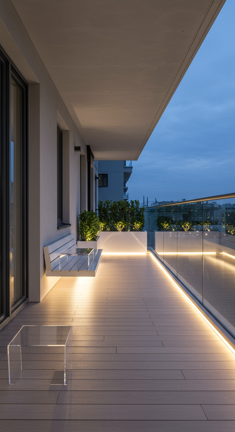 Minimalistischer Balkon mit weißer Schwebebank, indirekter Beleuchtung und Acrylglas-Tisch.