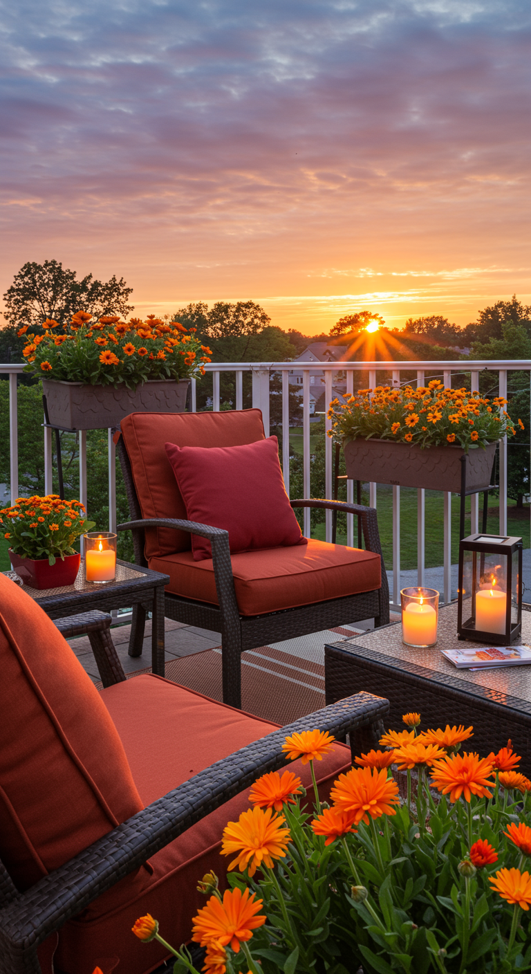 Balkon mit Rattanmöbeln, orangen Kissen und Blumen bei Sonnenuntergang.