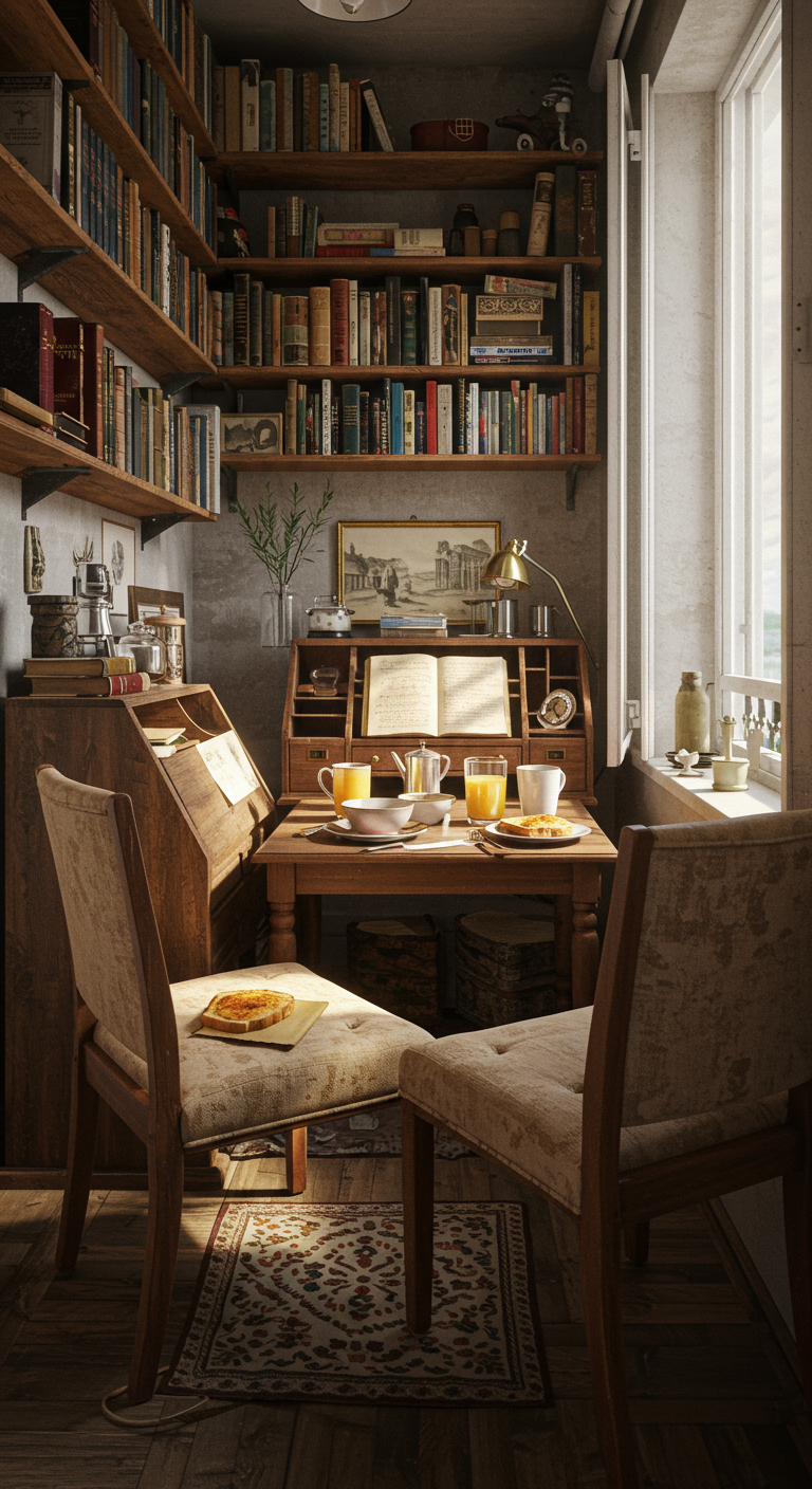 Frühstück an einem kleinen Holztisch in einer gemütlichen, von Bücherregalen umgebenen Nische.