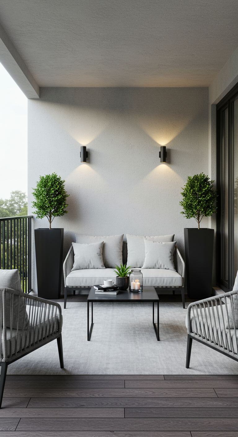 Symmetrisch gestalteter Balkon mit Sofa, Couchtisch, Teppich und zwei flankierenden Pflanzenkübeln und Wandleuchten.