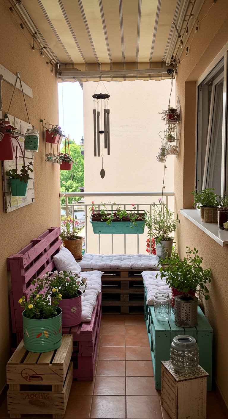 Schmaler Balkon mit DIY-Möbeln aus bunt gestrichenen Paletten und Kisten, vielen Pflanzen.