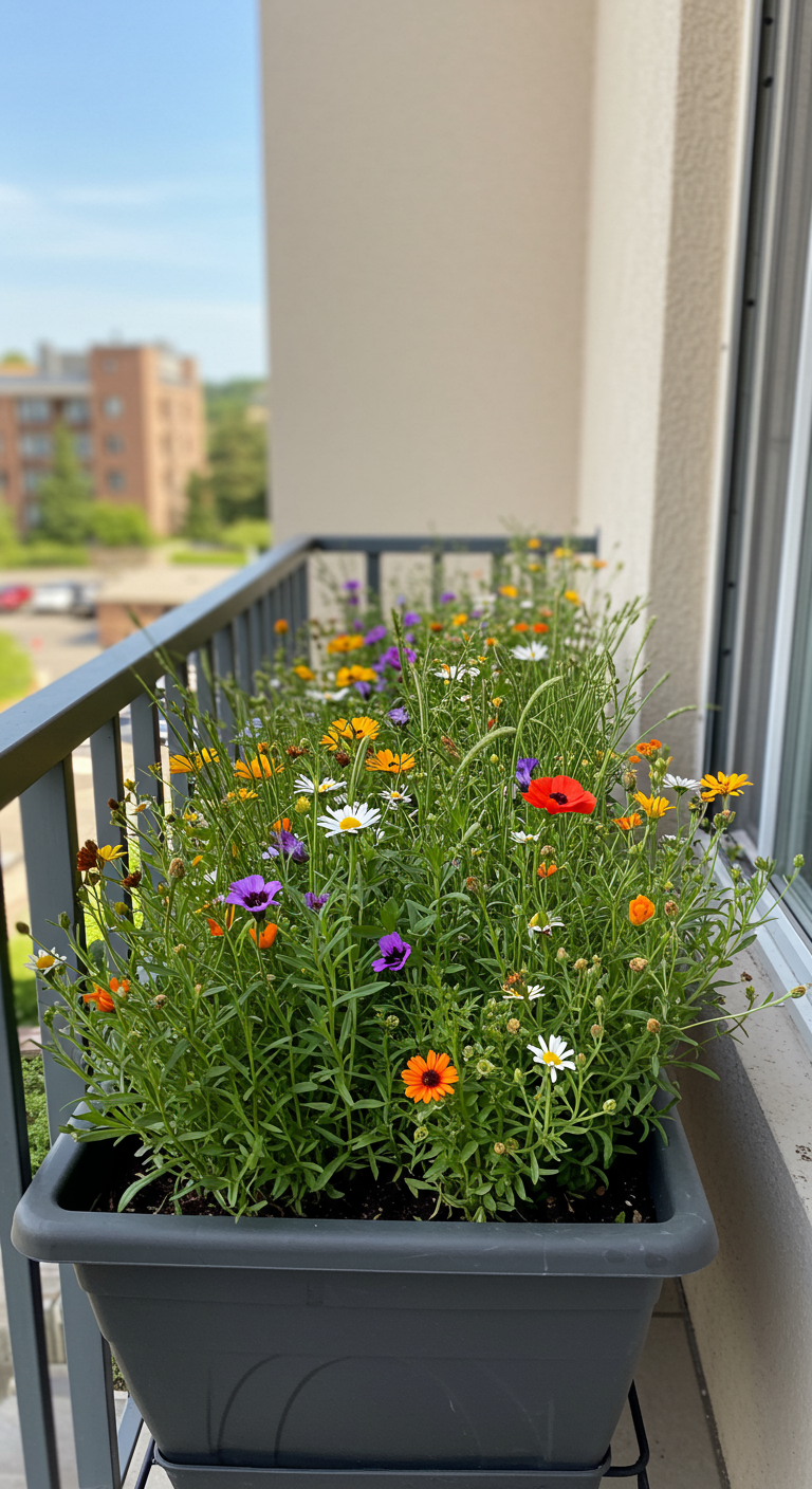 Blumenkasten am Balkongeländer, üppig bepflanzt mit einer bunten Mischung aus Wildblumen.