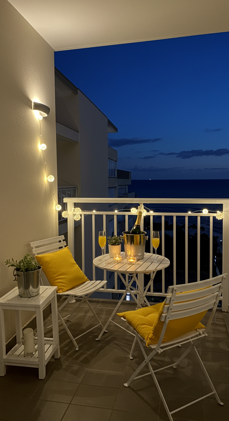 Weißes Bistro-Set auf Balkon mit Meerblick, Champagner und gelben Kissen bei Nacht.