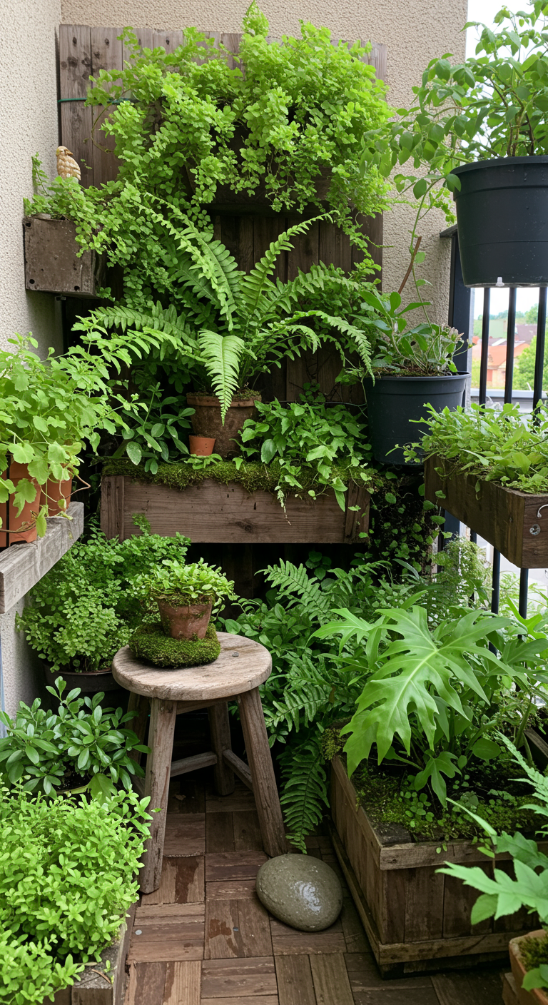 Schattiger Balkon mit vielen verschiedenen Farnen in Holzkisten und Tontöpfen, sehr urwüchsig.
