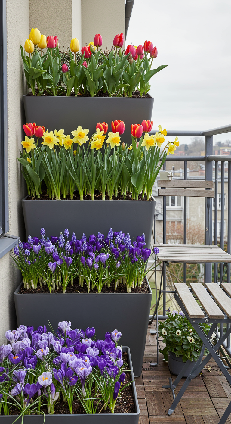 Gestapelte Pflanzkübel mit bunten Tulpen, Narzissen und anderen Frühlingsblumen.