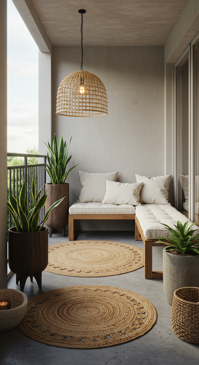 Moderner Balkon mit Holzmöbeln, mehreren runden Jute-Teppichen und Rattan-Hängeleuchte.